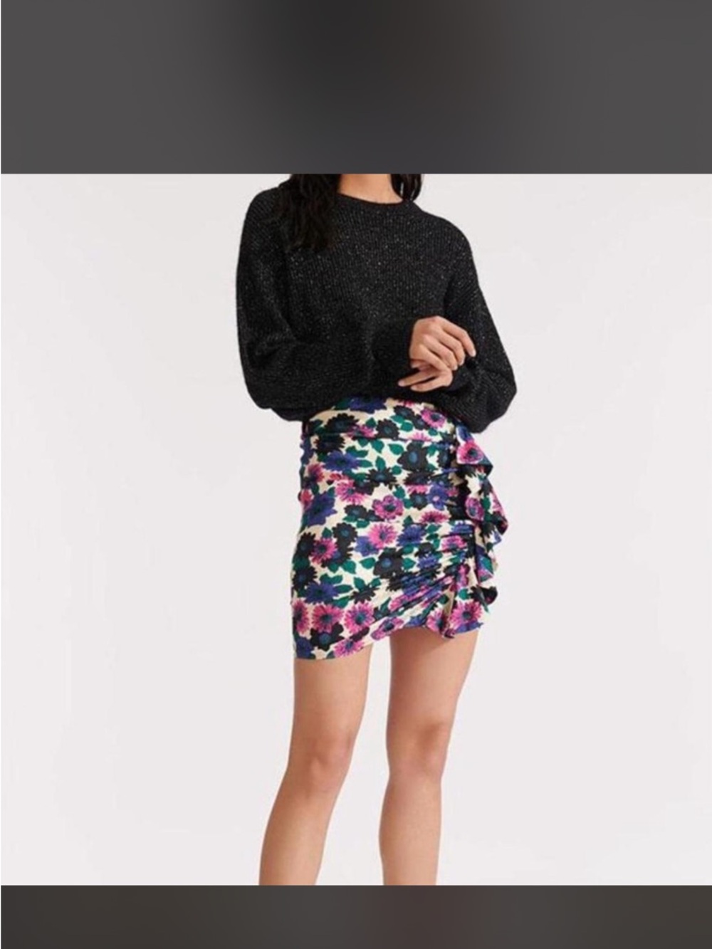 Veronica Beard Floral Ruffle Ruched Silk Mini Skirt in Pink, Purple & Green Sz 4